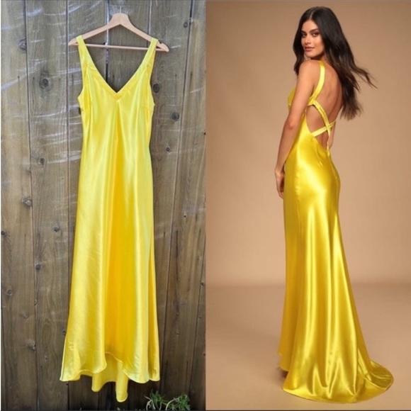 Lulus Dresses & Skirts - Sold - Yellow Satin Backless Strappy Slip Maxi Dress 🌿